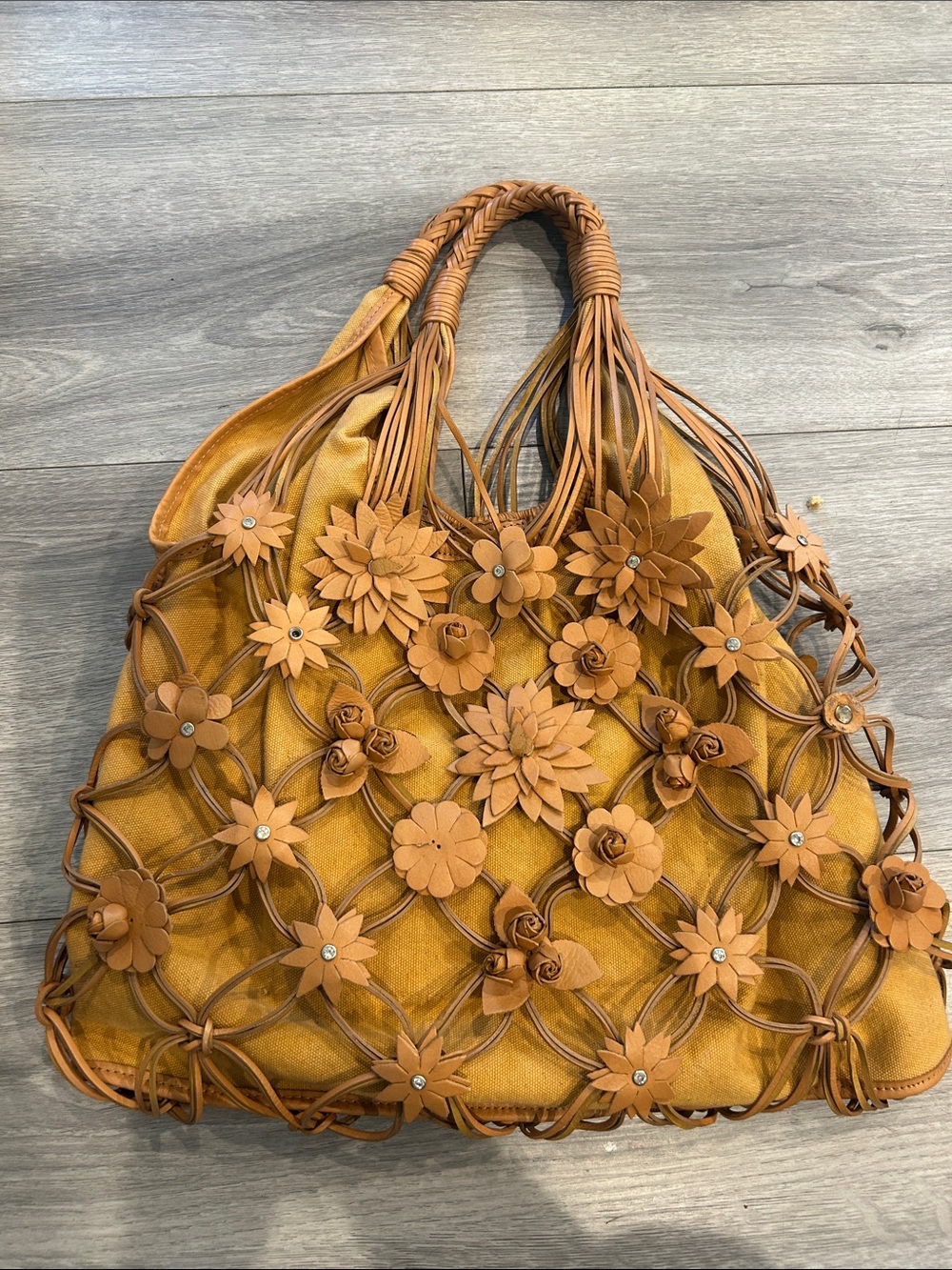 Beverly Feldman Mustard Tan Floral Leather Net Tote